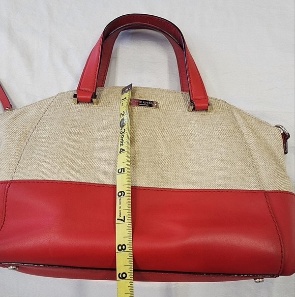 Kate Spade Red Beige Canvas Leather 2Way Crossbody Top Handle Satchel - Picture 6 of 16